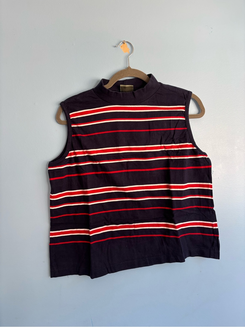 Mock Neck Striped Sleeveless Tank Top - Navy/Red/White